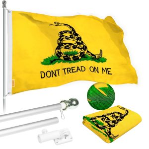 G128 Flag Pole 5 FT Silver Tangle Free & Gadsden Flag 2x3 FT Combo Embroidered Spun Polyester