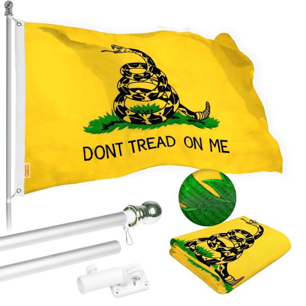 G128 Flag Pole 5 FT Silver Tangle Free & Gadsden Flag 2x3 FT Combo Embroidered Spun Polyester