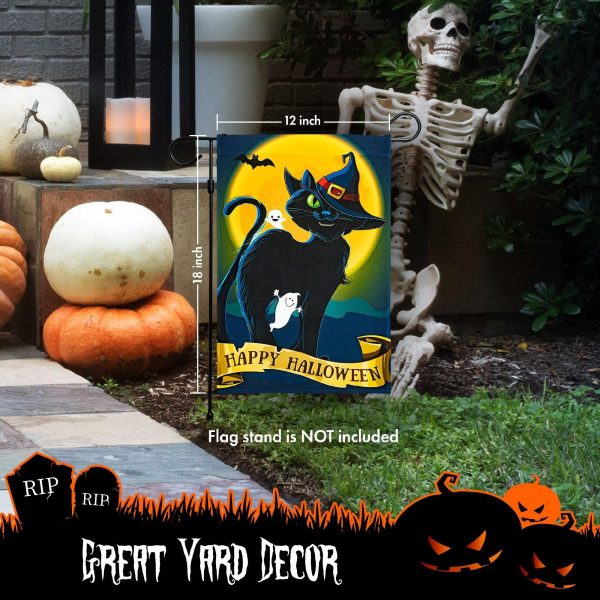 G128 - Halloween Garden Flag, Happy Halloween Quote with Black Cat Garden Yard Decorations,  | 12x18 Inch | Printed 150D Polyester - Rustic Holiday Seasonal Outdoor Flag - Image 6