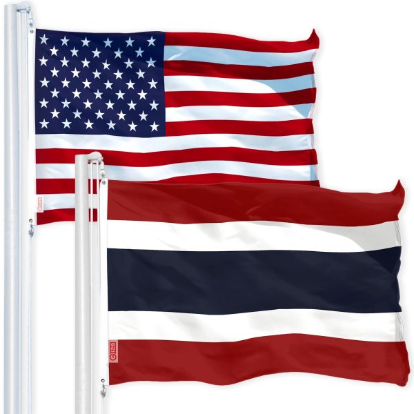 G128 Combo Pack: USA American Flag 3x5 Ft 150D Printed Stars & Thailand (Thai) Flag 3x5 Ft 150D Printed