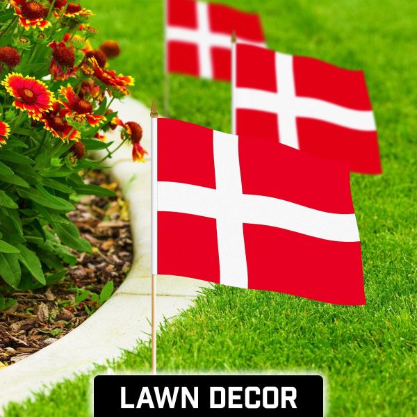G128 30 Pack Handheld Denmark Danish Stick Flags | 12x18 In | Printed 150D Polyester, Country Flag, Solid Wooden Stick, Spear Gold Tip - Image 3