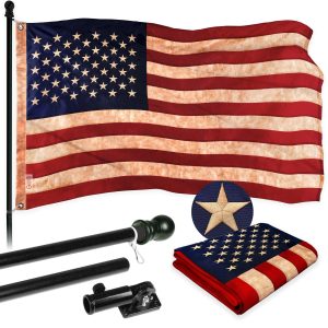 G128 Combo Pack: 6 Ft Tangle Free Aluminum Spinning Flagpole (Black) & USA Tea-Stained Flag 3x5 Ft, ToughWeave Pro Series Embroidered 420D Polyester | Pole with Flag Included