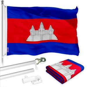 G128 Combo Pack: 6 Ft Tangle Free Spinning Flagpole (Silver) & Cambodia Flag 3x5 Ft Printed 150D Polyester, Brass Grommets (Flag Included) Aluminum Flag Pole