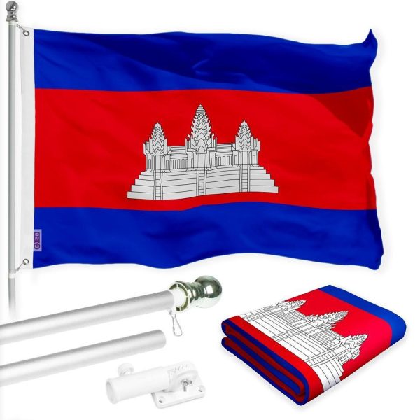 G128 Combo Pack: 6 Ft Tangle Free Spinning Flagpole (Silver) & Cambodia Flag 3x5 Ft Printed 150D Polyester, Brass Grommets (Flag Included) Aluminum Flag Pole