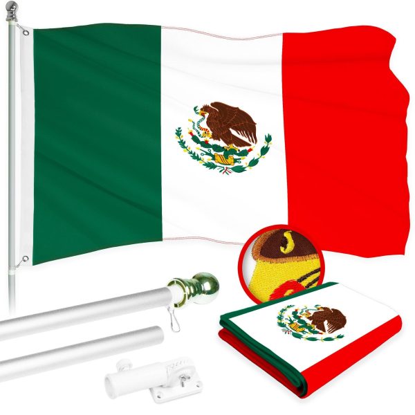 G128 Combo Pack: 5 Ft Tangle Free Aluminum Spinning Flagpole (Silver) & Mexico Mexican Flag 2x3 Ft, ToughWeave Series Embroidered 300D Polyester | Pole with Flag Included