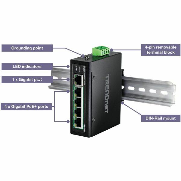 TRENDnet 5-Port Hardened Industrial Unmanaged Gigabit Switch; TI-PG50; 10/100/1000Mbps; DIN-Rail Switch; 4 x Gigabit PoE+ Ports; 1 x Gigabit Port; Gigabit Ethernet Network Switch; Lifetime Protection - Image 8