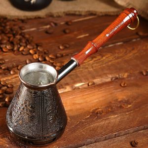 Copper Turka Coffee Maker 10 oz   Turkish Cezve Coffee Pot Copper 300 ml   Grapes Ornament Engraved Coffee Ibrik   Mini Saucepan with Spout and Wooden Handle