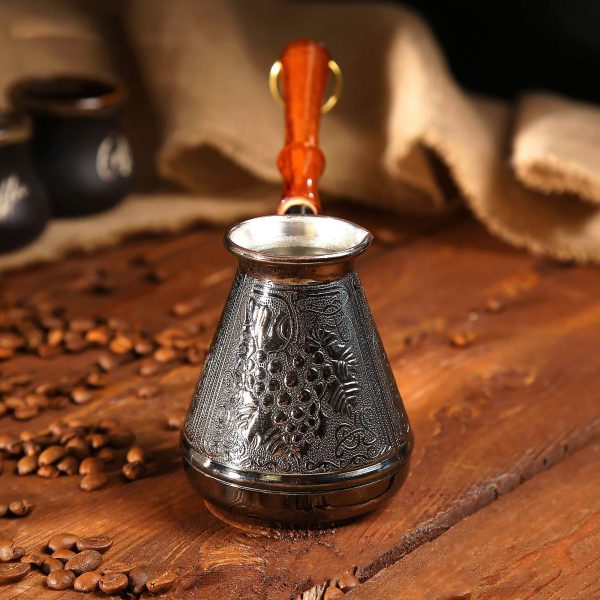 Copper Turka Coffee Maker 10 oz   Turkish Cezve Coffee Pot Copper 300 ml   Grapes Ornament Engraved Coffee Ibrik   Mini Saucepan with Spout and Wooden Handle - Image 2