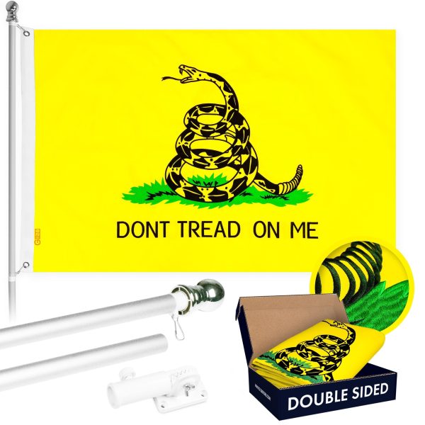 G128 - 5 Feet Tangle Free Spinning Flagpole (Silver) Gadsden Flag Double Sided Brass Grommets Embroidered 2x3 ft (Flag Included) Aluminum Flag Pole