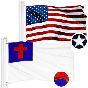 G128 Combo Pack: American USA Flag 1x1.5 Ft & Christian Flag 1x1.5 Ft | Both ToughWeave Series Embroidered 300D Polyester, Embroidered Design, Indoor/Outdoor, Brass Grommets