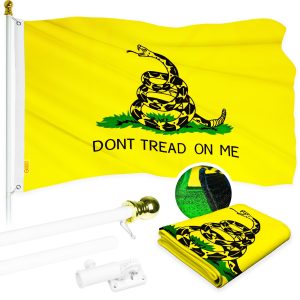 G128 - 5 Feet Tangle Free Spinning Flagpole (White) Gadsden Flag Brass Grommets Embroidered 2x3 ft (Flag Included) Aluminum Flag Pole