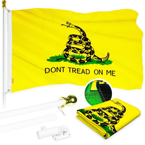 G128 - 5 Feet Tangle Free Spinning Flagpole (White) Gadsden Flag Brass Grommets Embroidered 2x3 ft (Flag Included) Aluminum Flag Pole