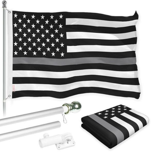 G128 Combo Pack: Flag Pole 6 Ft Silver Tangle Free & Thin Gray Line Flag 3x5 Ft Brass Grommets Printed 150D Polyester (Flag Included) Aluminum Flag Pole