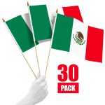 G128 30 Pack Handheld Mexico Mexican Stick Flags | 12x18 In | Printed 150D Polyester, Country Flag, Solid Wooden Stick, Spear Gold Tip