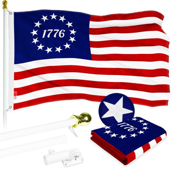 G128 Combo Pack: 5 Ft Tangle Free Aluminum Spinning Flagpole (White) & Betsy Ross 1776 Flag 2x3 Ft, ToughWeave Series Embroidered 300D Polyester | Pole with Flag Included