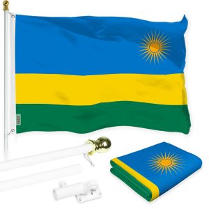 G128 Combo Pack: 6 Ft Tangle Free Aluminum Spinning Flagpole (White) & Rwanda Rwandan Flag 3x5 Ft, LiteWeave Pro Series Printed 150D Polyester | Pole with Flag Included