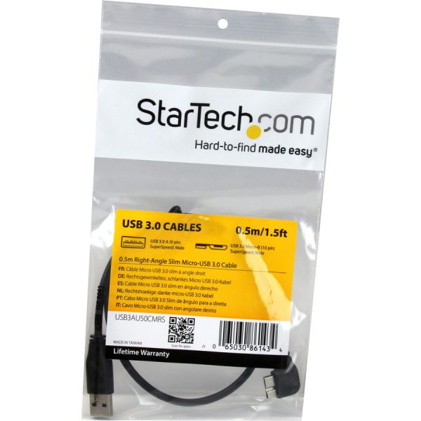 StarTech.com 0.5m 20in Slim Micro USB 3.0 (5Gbps) Cable - M/M - USB 3.0 A to Right-Angle Micro USB - USB 3.2 Gen 1 - Image 4