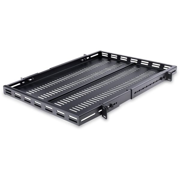 StarTech.com 1U 4-Post 19.5 to 38in Adjustable Mounting Depth Vented Rack Mount Shelf - Heavy Duty Fixed Rack Shelf - 330lbs / 150kg - 27.5in Deep - Image 2