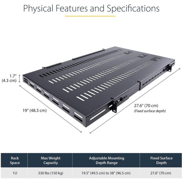 StarTech.com 1U 4-Post 19.5 to 38in Adjustable Mounting Depth Vented Rack Mount Shelf - Heavy Duty Fixed Rack Shelf - 330lbs / 150kg - 27.5in Deep - Image 9