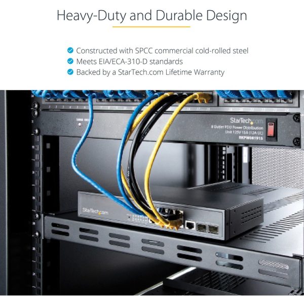 StarTech.com 1U 4-Post 19.5 to 38in Adjustable Mounting Depth Vented Rack Mount Shelf - Heavy Duty Fixed Rack Shelf - 330lbs / 150kg - 27.5in Deep - Image 10