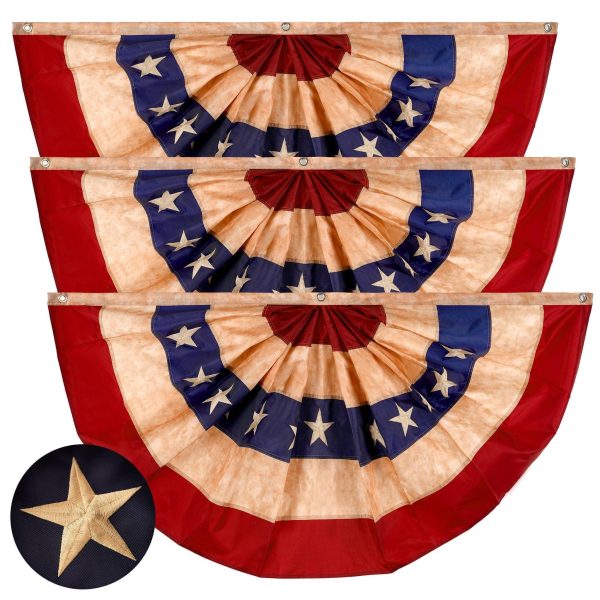 G128 - 3 Pack: USA Tea Stained Pleated Fan Flag 3x6FT Embroidered Polyester Stars and Stripes
