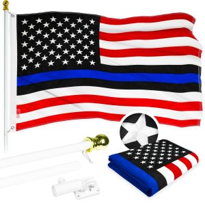 G128 - 6 Feet Tangle Free Spinning Flagpole (White) Blue Lives Matter Flag Brass Grommets Embroidered 3x5 ft (Flag Included) Aluminum Flag Pole