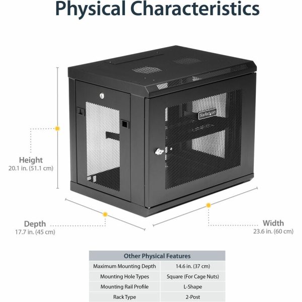 StarTech.com 2-Post 9U Wall Mount Network Cabinet, 19" Wall-Mounted Server Rack for Data / IT Equipment, Small Lockable Rack Enclosure - Image 5