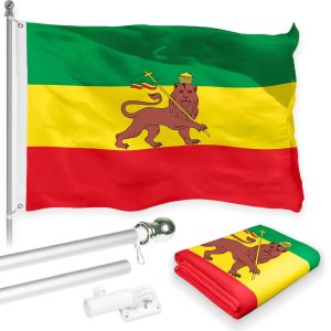 G128 Combo Pack: 6 Feet Tangle Free Spinning Flagpole (Silver) Ethiopia Ethiopian Flag 3x5 ft Printed 150D Brass Grommets (Flag Included) Aluminum Flag Pole