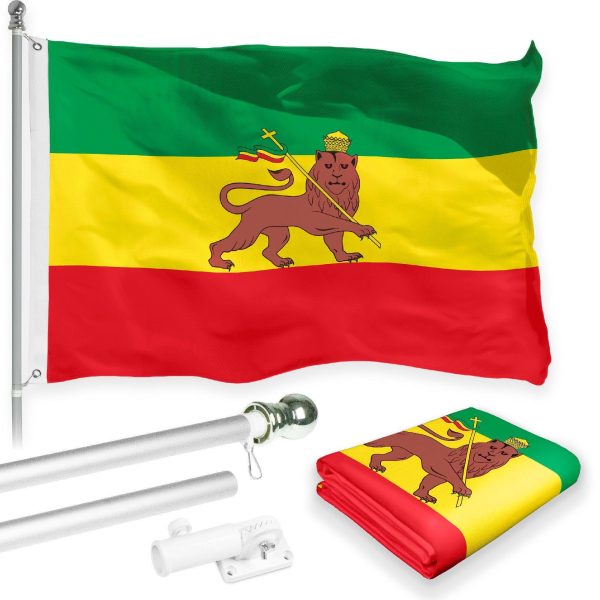 G128 Combo Pack: 6 Feet Tangle Free Spinning Flagpole (Silver) Ethiopia Ethiopian Flag 3x5 ft Printed 150D Brass Grommets (Flag Included) Aluminum Flag Pole