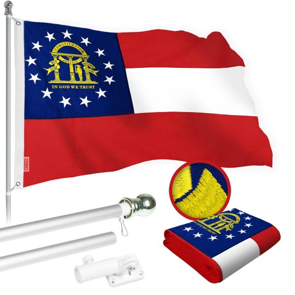 G128 Combo Pack: 5 Ft Tangle Free Spinning Flagpole (Silver) & Georgia Flag 2x3 Ft Embroidered 220GSM Spun Polyester, Brass Grommets (Flag Included) Aluminum Flag Pole