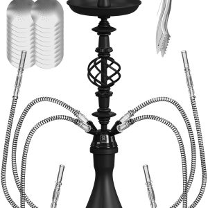 Hookah Set With Everything 4 Hose   Black Hookah 4 Hose Set – Black Hookah Set   Hookah Set 4 Hose with 50x Foil Big Silicone Bowl 10x Tips 4x Mouthpiece 4x Hookah Hose Tongs   Hookah Kit