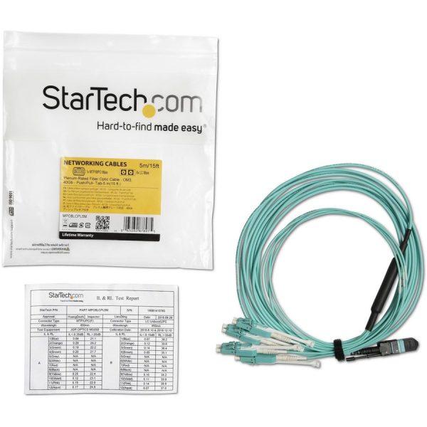 StarTech.com 5m (16.4ft) MTP(F)/PC to 4x LC/PC Duplex Breakout OM3 Multimode Fiber Optic Cable, 40G, Low Insertion Loss, Fiber Jumper Cord - Image 2