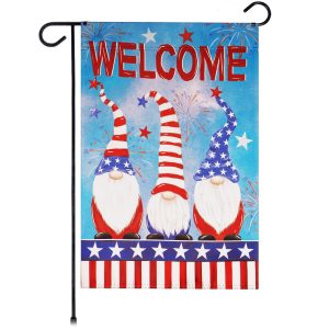 G128 Garden Flag Welcome 3 Patriotic Gnomes | 12x18 Inch | Printed Blockout Polyester - Patriotic Decoration