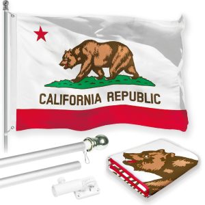 G128 Combo Pack: 6 Feet Tangle Free Spinning Flagpole (Silver) California CA State Flag 3x5 ft Printed 150D Brass Grommets (Flag Included) Aluminum Flag Pole