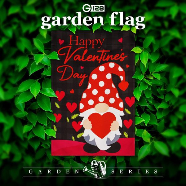 G128 Garden Flag Happy Valentine's Day Gnome Holding Red Heart 12"x"18" Blockout Fabric - Image 2