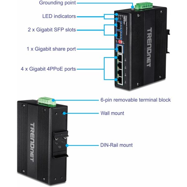 TRENDnet 6-Port Hardened Industrial Gigabit 10/100/1000 Mbps Ultra PoE DIN-Rail Switch; UPoE; IP30; DIN-Rail & Wall Mounts Included; Lifetime Protection; TI-UPG62 - Image 7