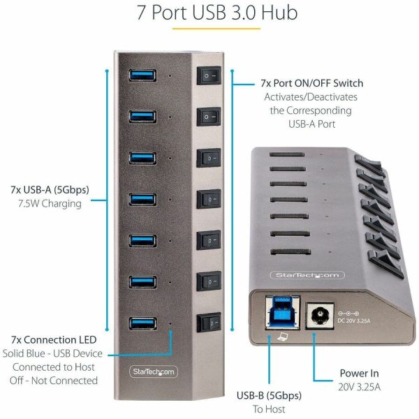 StarTech.com 7-Port Self-Powered USB-C Hub with Individual On/Off Switch, Desktop/Laptop USB-C to USB-A Hub, USB Type C Hub w/Power Supply - Image 2