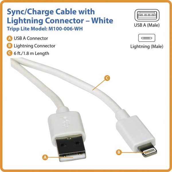 Eaton Tripp Lite Series USB-A to Lightning Sync/Charge Cable (M/M) - MFi Certified, White, 6 ft. (1.8 m) - Image 6