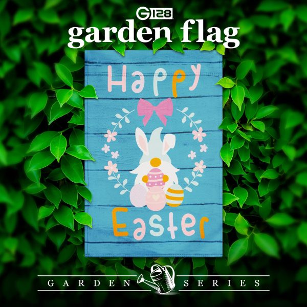 G128 Garden Flag Happy Easter Rabbit Gnome with Eggs 12"x18" Blockout Fabric - Image 2
