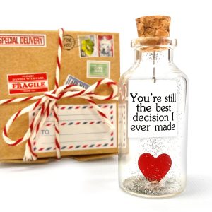 Anniversary Gift for Her & Him Romantic Present for Boyfriend Girlfriend Custom Message I Love You Gifts to Wife Husband (Heart in Big Bottle You're Still The Best Decision In Beige Craft Box)