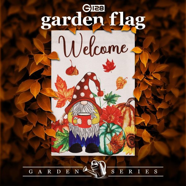 G128 Garden Flag Welcome Gnome with Coffee at Harvest 12"x18" Blockout Fabric - Image 2
