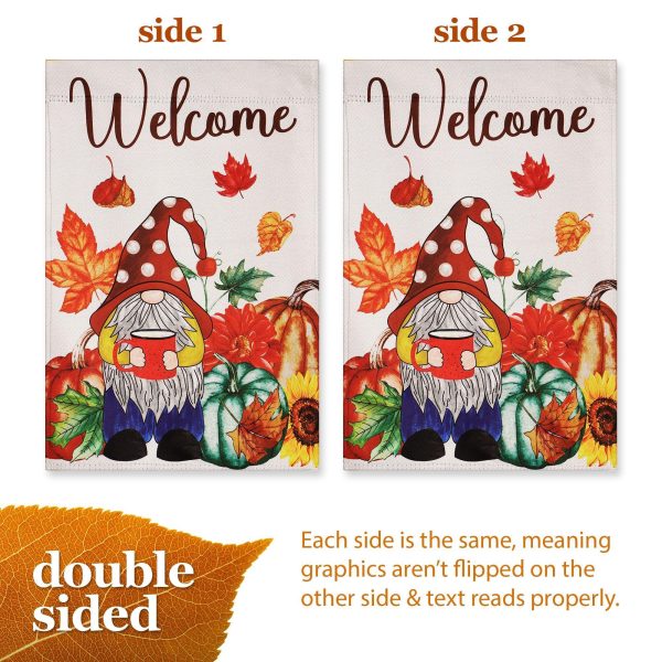 G128 Garden Flag Welcome Gnome with Coffee at Harvest 12"x18" Blockout Fabric - Image 3