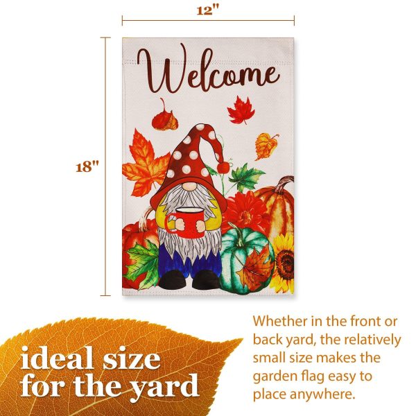 G128 Garden Flag Welcome Gnome with Coffee at Harvest 12"x18" Blockout Fabric - Image 4
