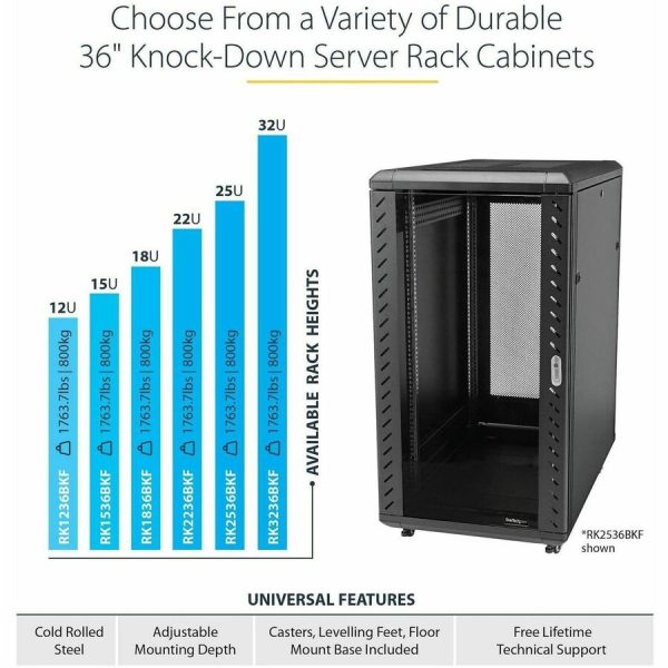 StarTech.com 22U 36in Knock-Down Server Rack Cabinet with Caster - Image 3