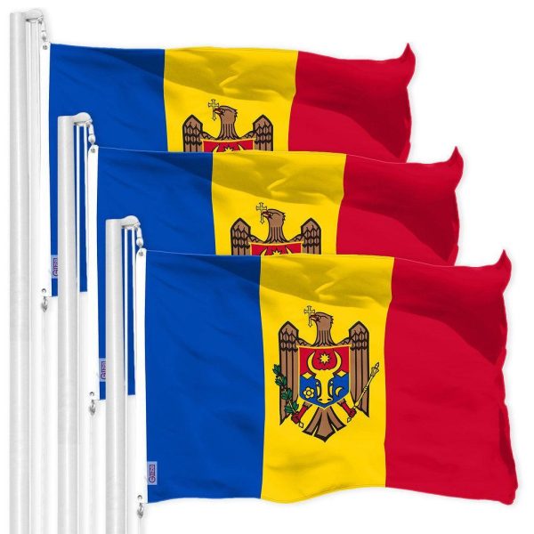 G128 3 Pack: Moldova Moldovan Flag | 3x5 Ft | LiteWeave Pro Series Printed 150D Polyester | Country Flag, Indoor/Outdoor, Vibrant Colors, Brass Grommets, Thicker and More Durable Than 100D 75D Poly