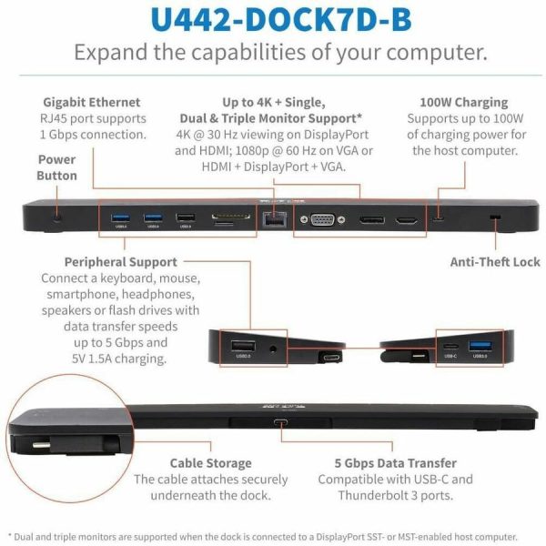 Eaton Tripp Lite Series USB-C Dock, Triple Display - 4K HDMI & DP, VGA, USB 3.x (5Gbps) and USB 2.0 Hub Ports, GbE, 100W PD Charging - Image 3