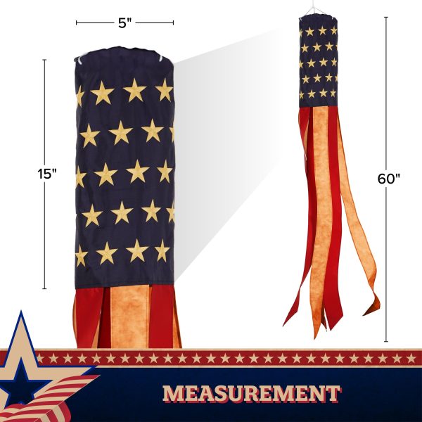 G128 Windsock 60 Inch Tea-Stained US Flag Windstock 60 in Embroidered Stars and Stripes Patriotic Hanging Decoration - Image 7