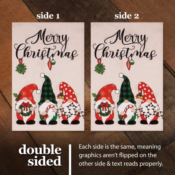 G128 Garden Flag Merry Christmas Three Festive Gnomes 12"x18" Burlap Fabric - Image 3