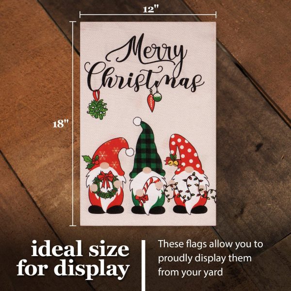 G128 Garden Flag Merry Christmas Three Festive Gnomes 12"x18" Burlap Fabric - Image 4
