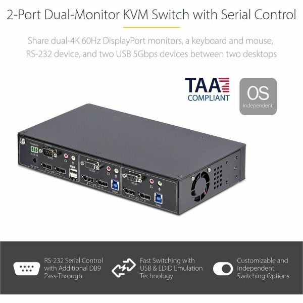 StarTech.com 2-Port Dual-Monitor DisplayPort KVM Switch, RS232 Serial Control, 4K 60Hz, 2x USB 5Gbps Hub Ports, TAA Compliant - Image 2
